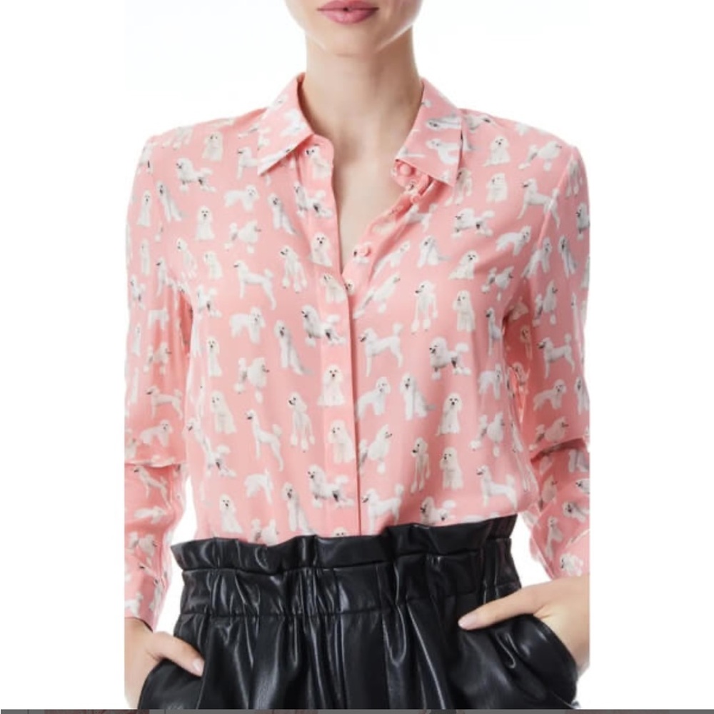 Alice + Olivia Willa Poodle Print Long Sleeve Silk Blouse